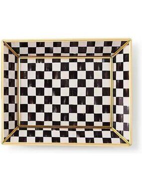 Decorative Glass Tray for Bathroom Counter, Small Black & White Check Design